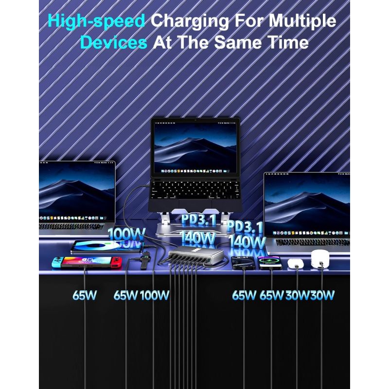 800W USB C GaN III Pro 10 Port USB Ladestation - Dual 140W PD für MacBook/iPhone 16. Schnell!