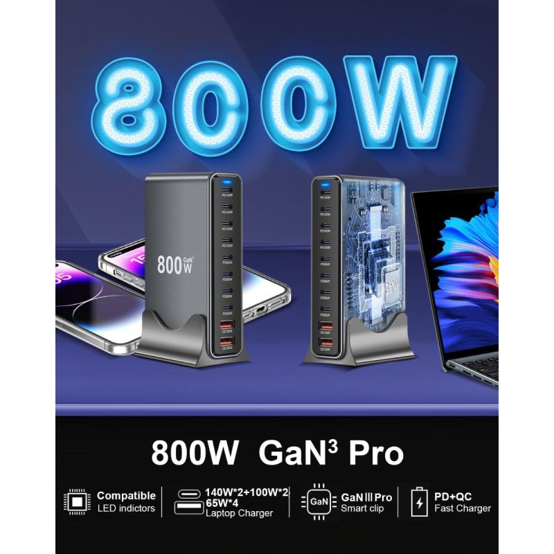 800W USB C GaN III Pro 10 Port USB Ladestation - Dual 140W PD für MacBook/iPhone 16. Schnell!