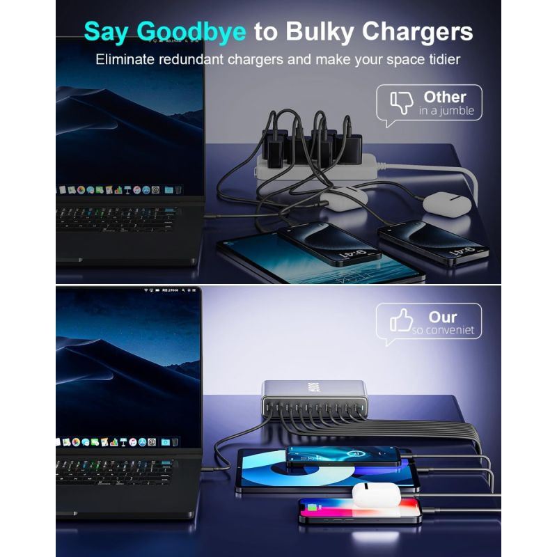 800W USB C GaN III Pro 10 Port USB Ladestation - Dual 140W PD für MacBook/iPhone 16. Schnell!