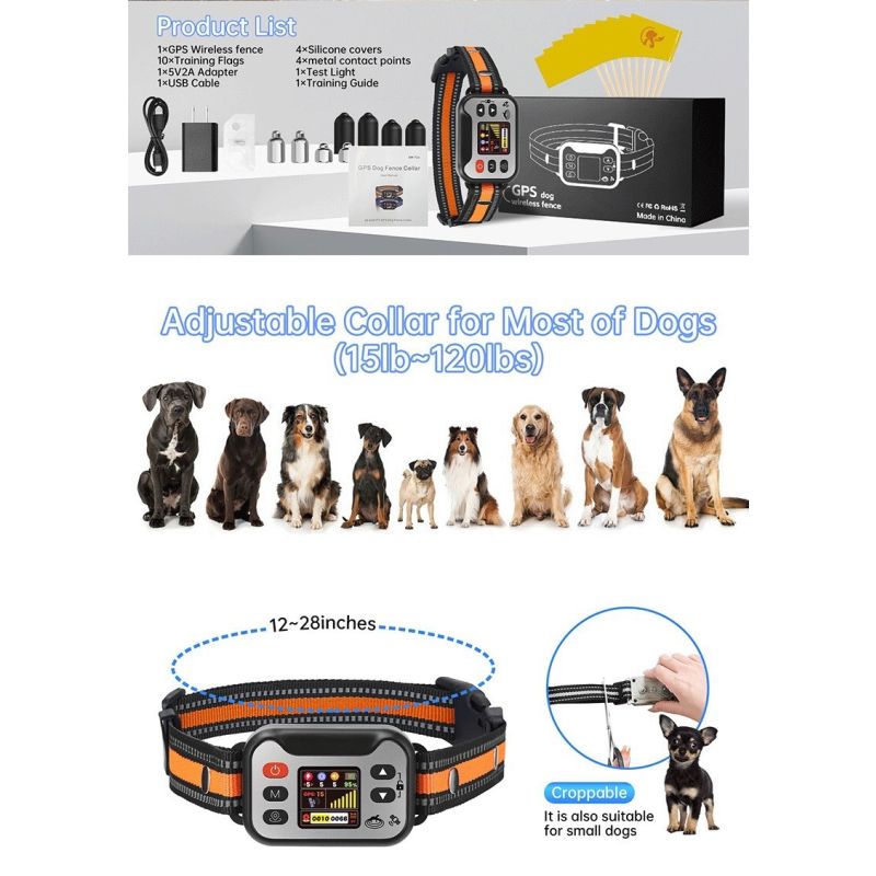 Kabelloser GPS Hundezaun & Anti-Bellhalsband - Wasserdichtes Hundetraining für 7-54kg Hunde