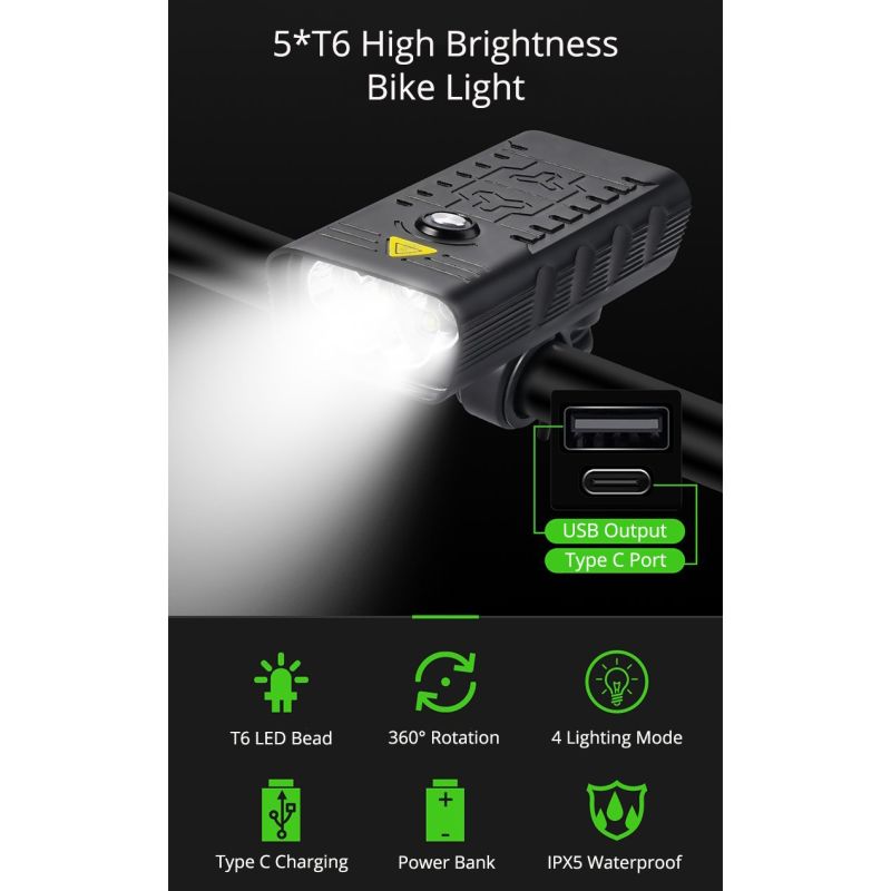 TK5 Fahrrad Frontlichter 5X T6 5000 Lumen USB wiederaufladbar für nächtliche Sichtbarkeit und Sicherheit