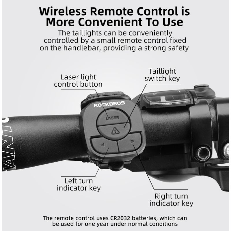ROCKBROS LKWD-R1 Smart USB LED Fahrradlampe mit kabelloser Fernbedienung und Laserprojektor für Fahrradsicherheit