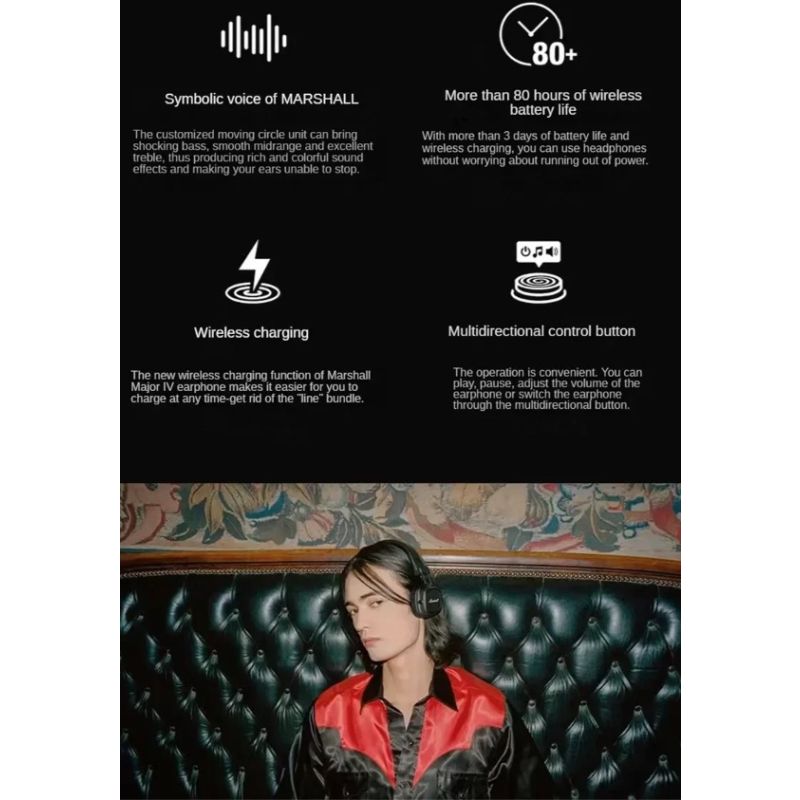 Marshall Major IV Bluetooth-Kopfhörer kabelloses Laden charakteristischer Sound mit maßgefertigten Treibern