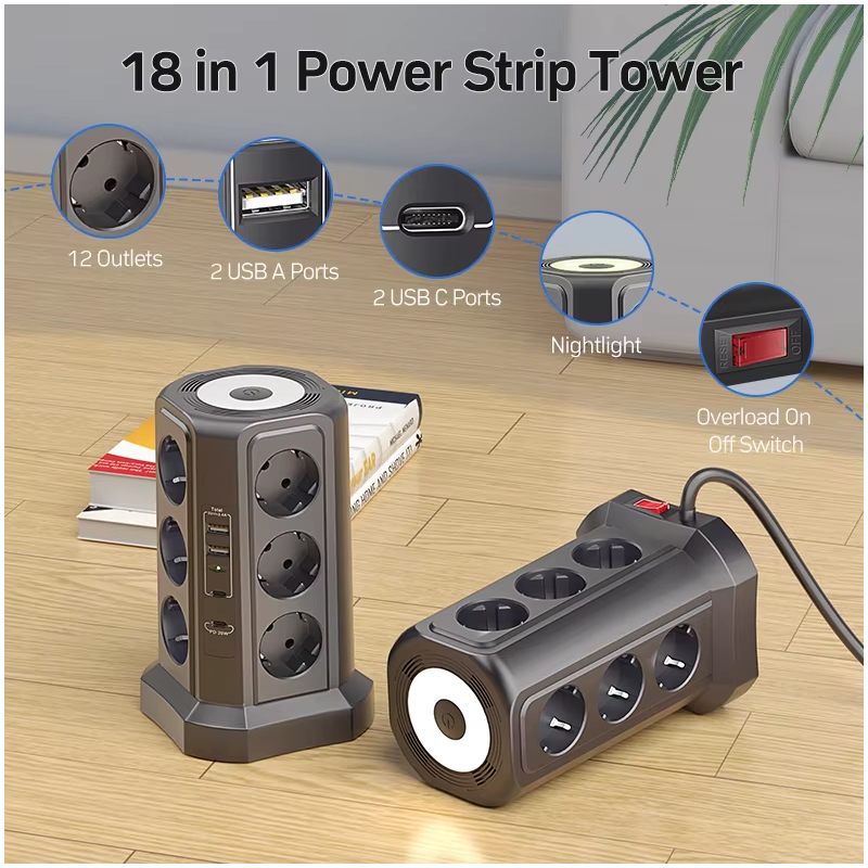 Steckdosenleiste XT-G3211 mit Überspannungsschutz, USB-Ladegerät, Nachtlicht. 4000W 16A Mehrfachsteckdose Stromverteiler!