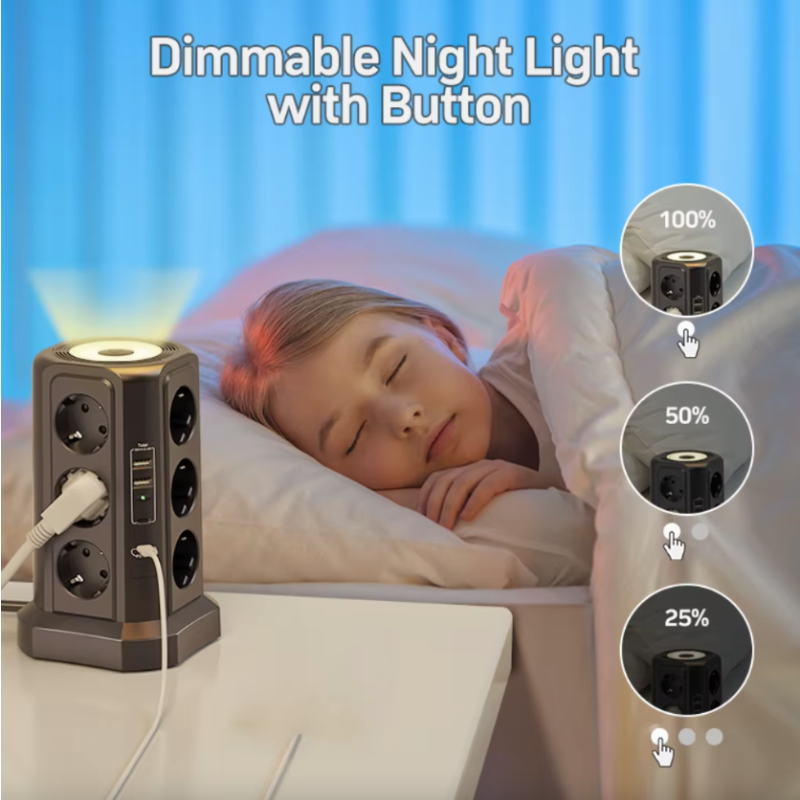 Steckdosenleiste XT-G3211 mit Überspannungsschutz, USB-Ladegerät, Nachtlicht. 4000W 16A Mehrfachsteckdose Stromverteiler!