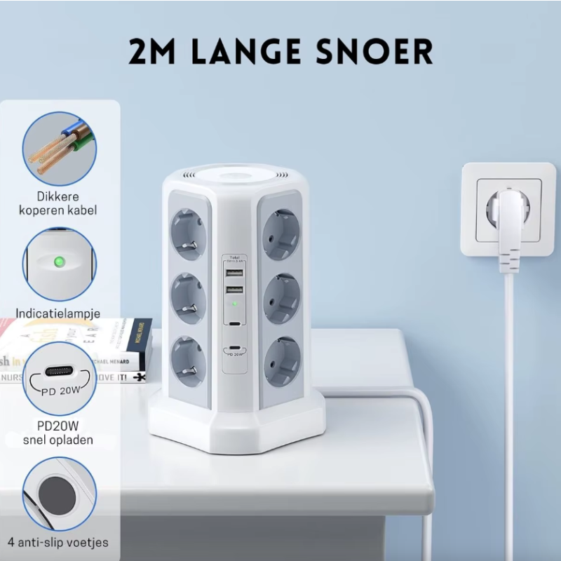 Steckdosenleiste XT-G3211 mit Überspannungsschutz, USB-Ladegerät, Nachtlicht. 4000W 16A Mehrfachsteckdose Stromverteiler!