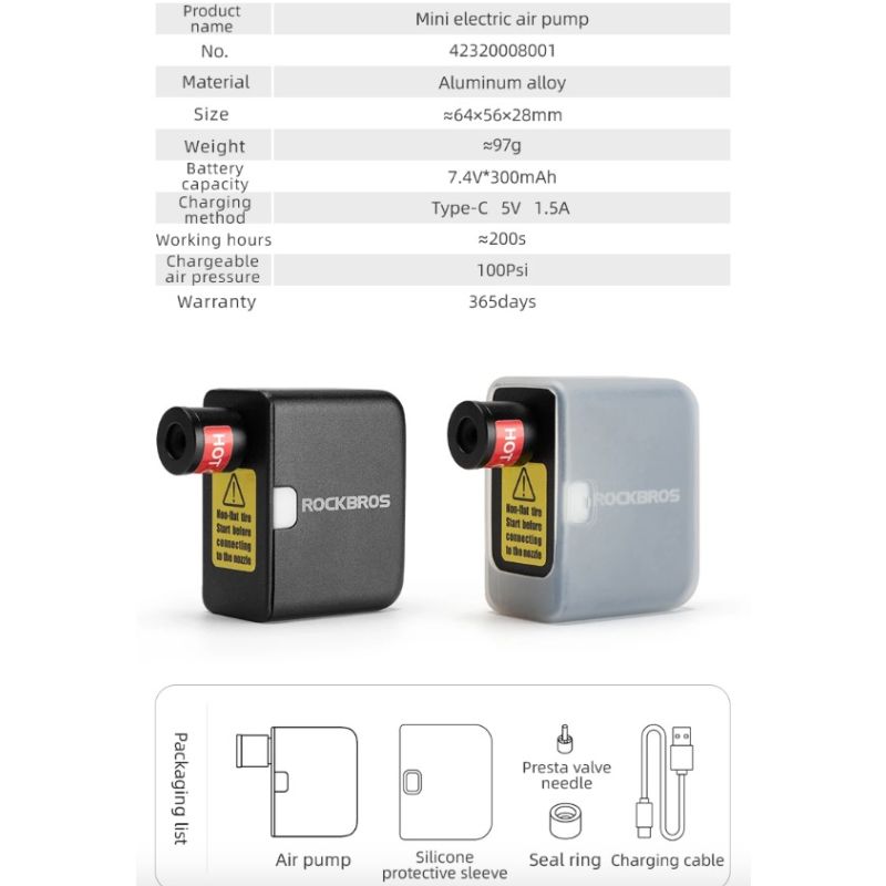 ROCKBROS tragbare Fahrradpumpe Mini-Elektro-Luftpumpe 100PSI für Auto Motorrad Fahrrad langlebig leicht