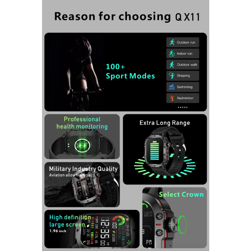 QX11 Smartwatch Herren, IP68 5ATM Outdoor Sport Fitness Tracker mit BT Call & Gesundheitsmonitor