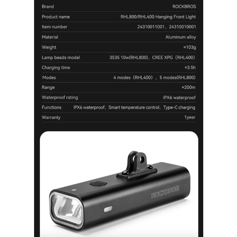 ROCKBROS RHL-1000LUMEN Fahrrad-Frontlicht 1000 Lumen Aluminiumlegierung regendicht Typ-C wiederaufladbar