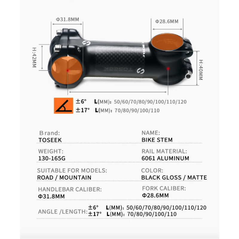 TOSEEK Fahrrad Lenker Vorbau 28.6mm 31.8mm Aluminium Carbon einstellbarer Winkel leicht langlebig MTB Zubehör