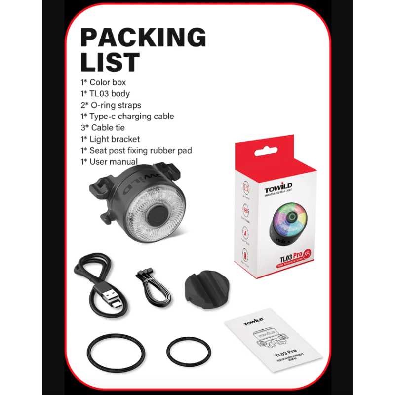 TOWILD TL03Pro LED Fahrradrücklicht ABS Stilvolles Fahrradzubehör mit Bremssensor für Sichtbarkeit