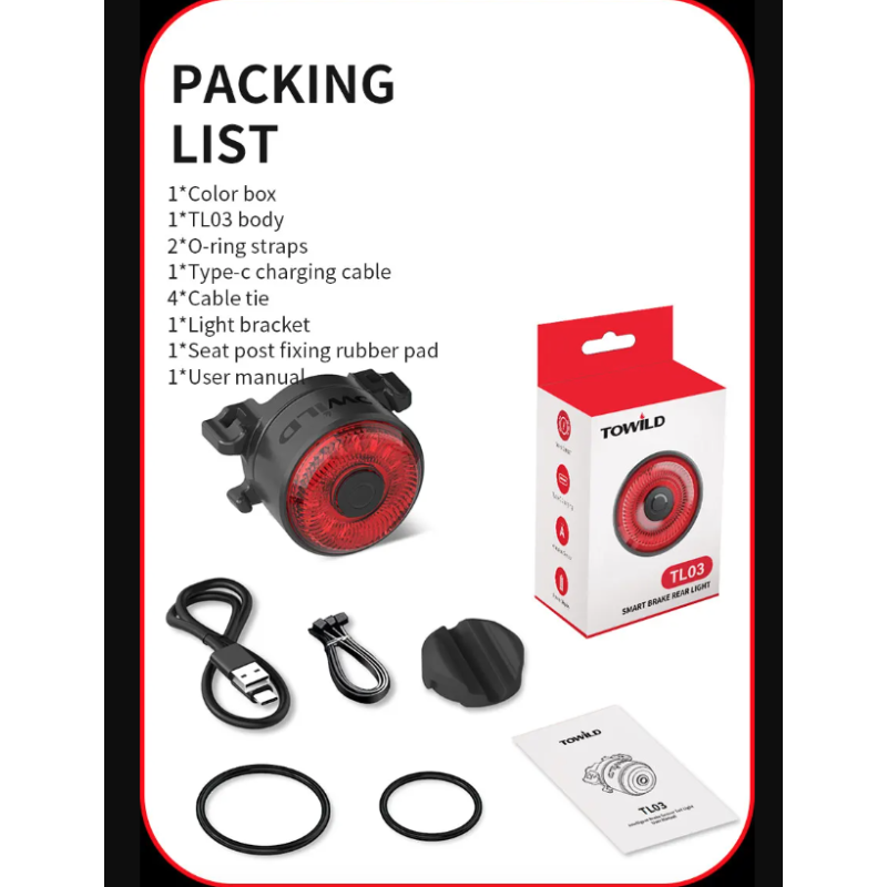 Entdecken Sie das TOWILD TL03 LED Fahrradrücklicht Fahrradzubehör mit Bremsensensor fünf Blitzmodi und Verkehrssicherheit