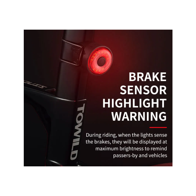 Entdecken Sie das TOWILD TL03 LED Fahrradrücklicht Fahrradzubehör mit Bremsensensor fünf Blitzmodi und Verkehrssicherheit