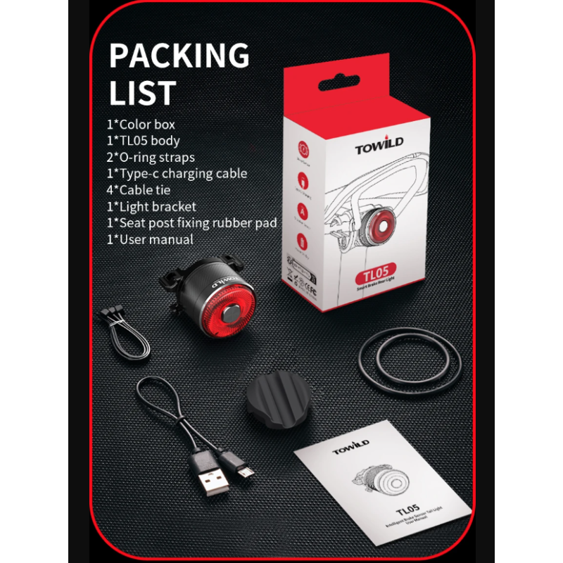 TOWILD TL05 LED-Fahrradlicht mit smartem Bremssensor Wasserdichtes Rücklicht USB-ladbar 100h Akkulaufzeit