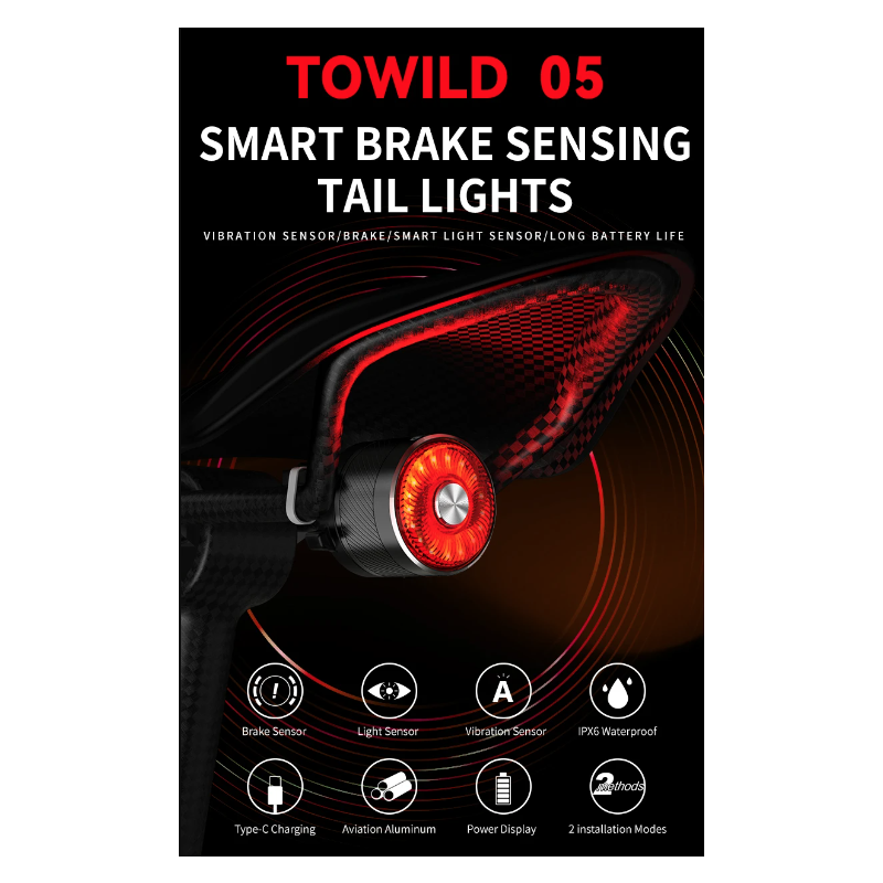 TOWILD TL05 LED-Fahrradlicht mit smartem Bremssensor Wasserdichtes Rücklicht USB-ladbar 100h Akkulaufzeit