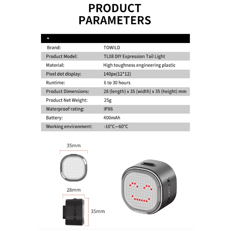 TOWILD TL08 Fahrrad Rücklicht anpassbare Muster | Bremslicht USB-C IPX6 | Heckleuchte für Sicherheit & Sichtbarkeit