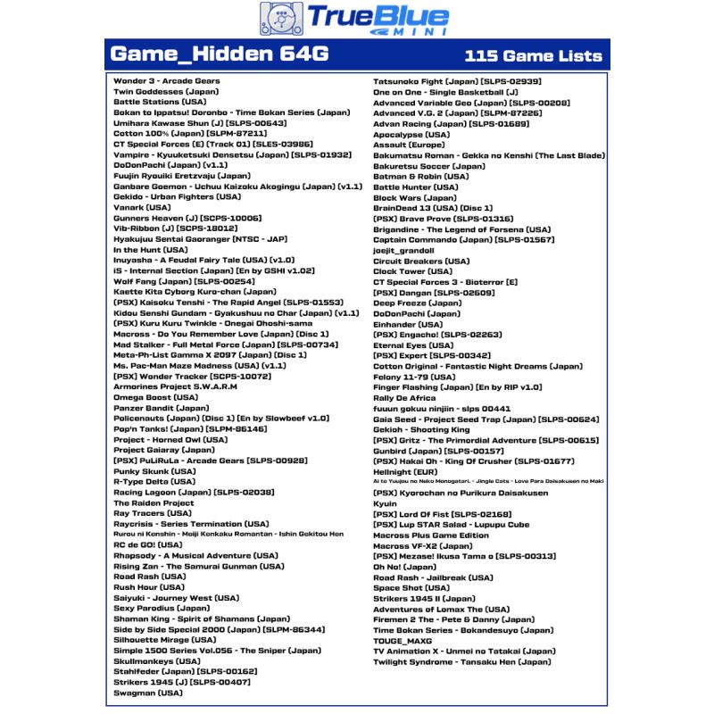 True Blue Mini Crackhead Pack 32G/64G für PS ONE MINI Retro-Gaming mit einfacher Installation und USB-Anschluss