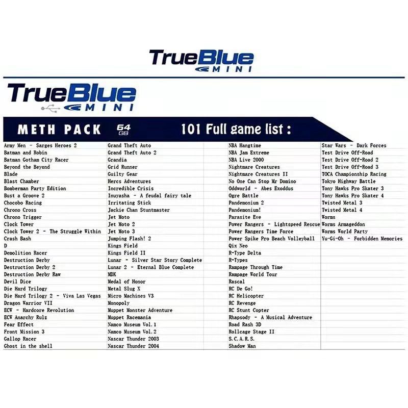 True Blue Mini Crackhead Pack 32G/64G für PS ONE MINI Retro-Gaming mit einfacher Installation und USB-Anschluss