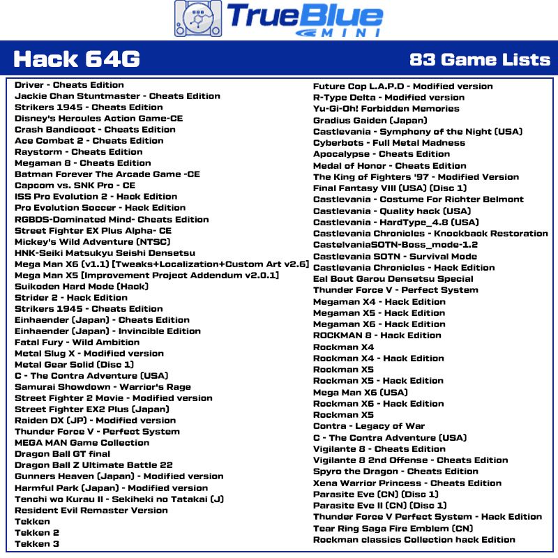 True Blue Mini Crackhead Pack 32G/64G für PS ONE MINI Retro-Gaming mit einfacher Installation und USB-Anschluss