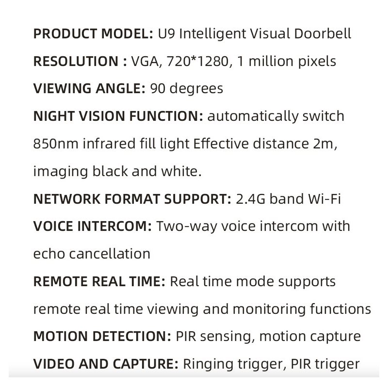 U9 Funk-Video-Türklingel mit Solarenergie WLAN | HD Video Gegensprechanlage & Überwachungskamera für Smart Home Sicherheit