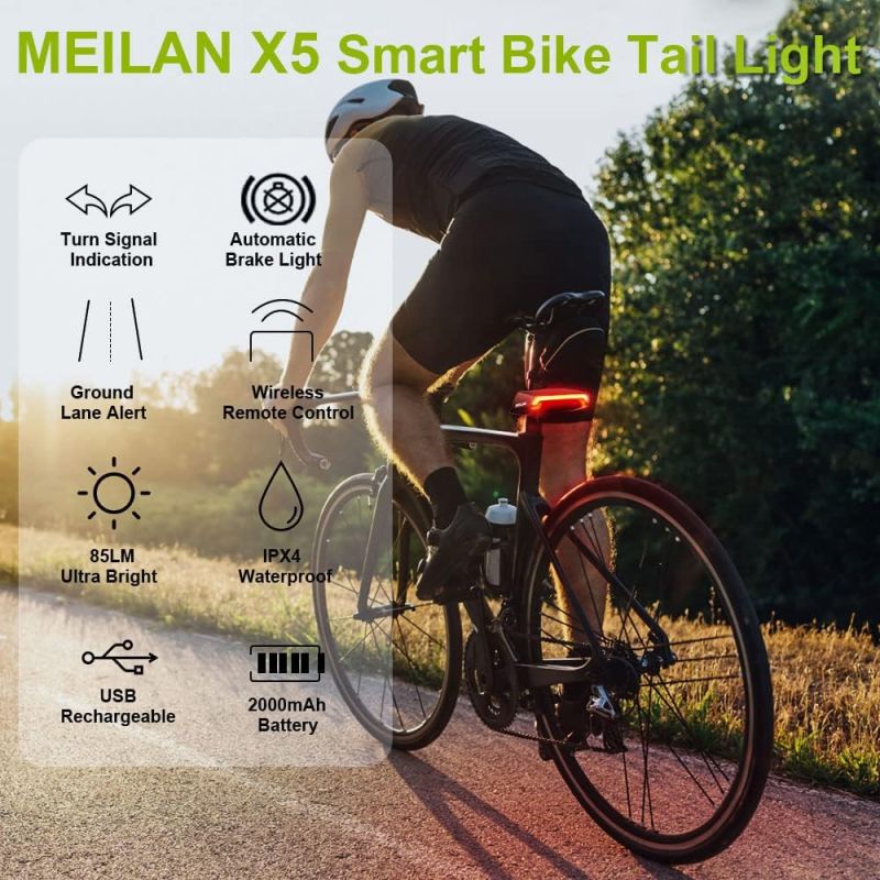 Meilan X5 Intelligentes Fahrrad Rücklicht mit automatischem Bremslicht, Blinker & Fernbedienung. USB aufladbar.