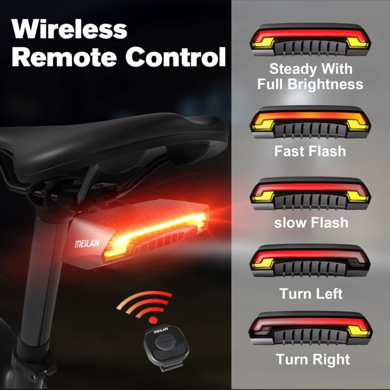 Meilan X5 Intelligentes Fahrrad Rücklicht mit automatischem Bremslicht, Blinker & Fernbedienung. USB aufladbar.