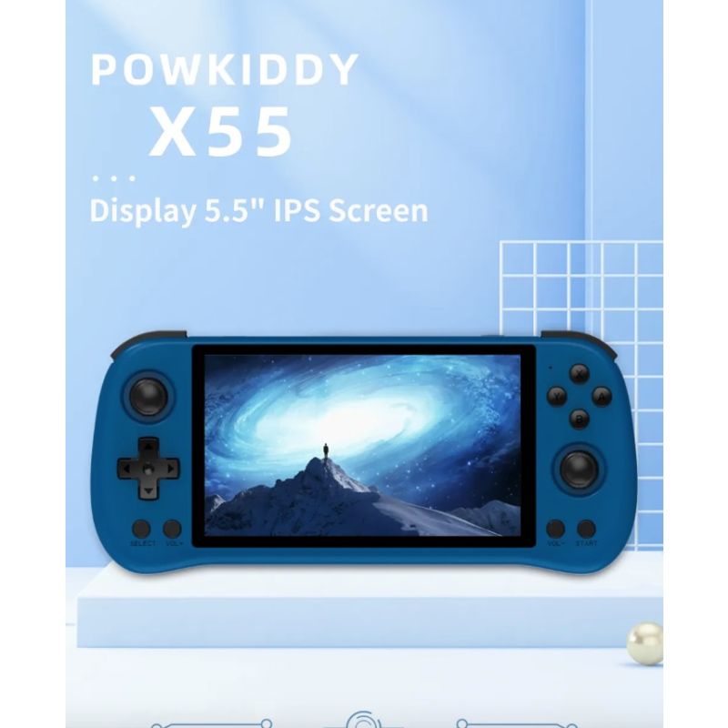 Entdecken Sie die POWKIDDY X55 Retro-Gaming Handheld-Spielkonsole mit 5.5 Zoll Bildschirm und RK3566 Prozessor