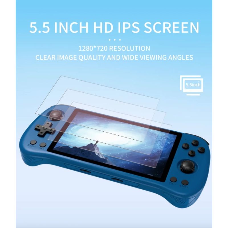 Entdecken Sie die POWKIDDY X55 Retro-Gaming Handheld-Spielkonsole mit 5.5 Zoll Bildschirm und RK3566 Prozessor