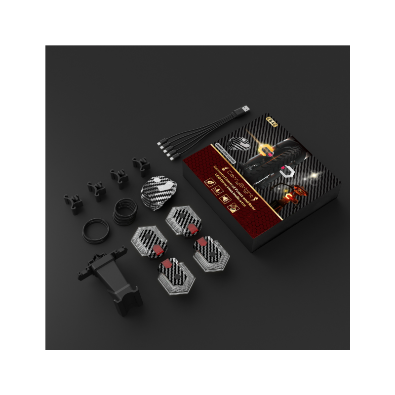 CarryBright Carbon Fahrradblinker Set 4-tlg. USB aufladbar mit kabelloser Fernbedienung, helle LED Front/Rücklicht für E-Bike, wasserdicht