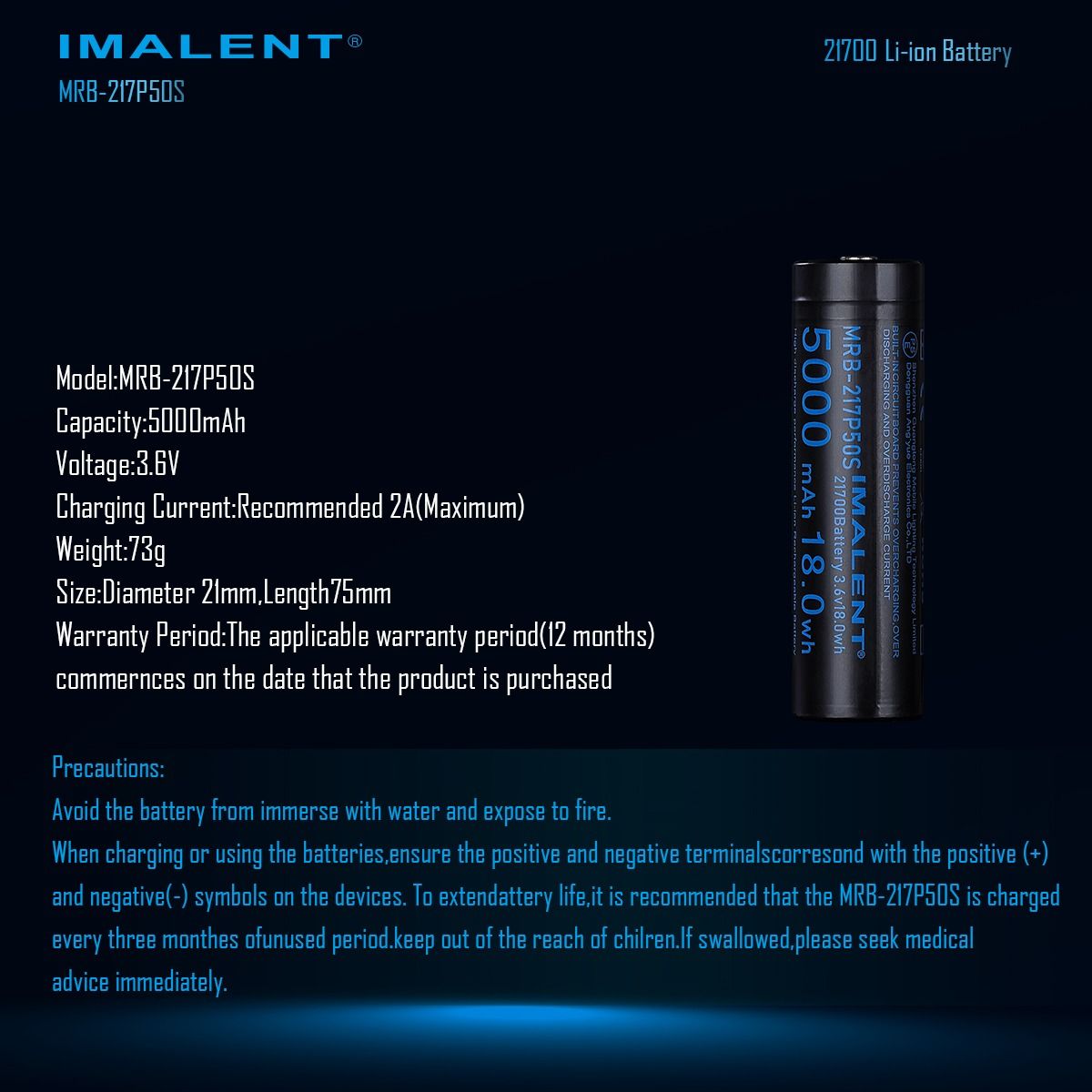 IMALENT MRB-217P50S 21700 Akku 5000mAh 3.6V | Wiederaufladbarer Lithium-Ionen Taschenlampen Akku