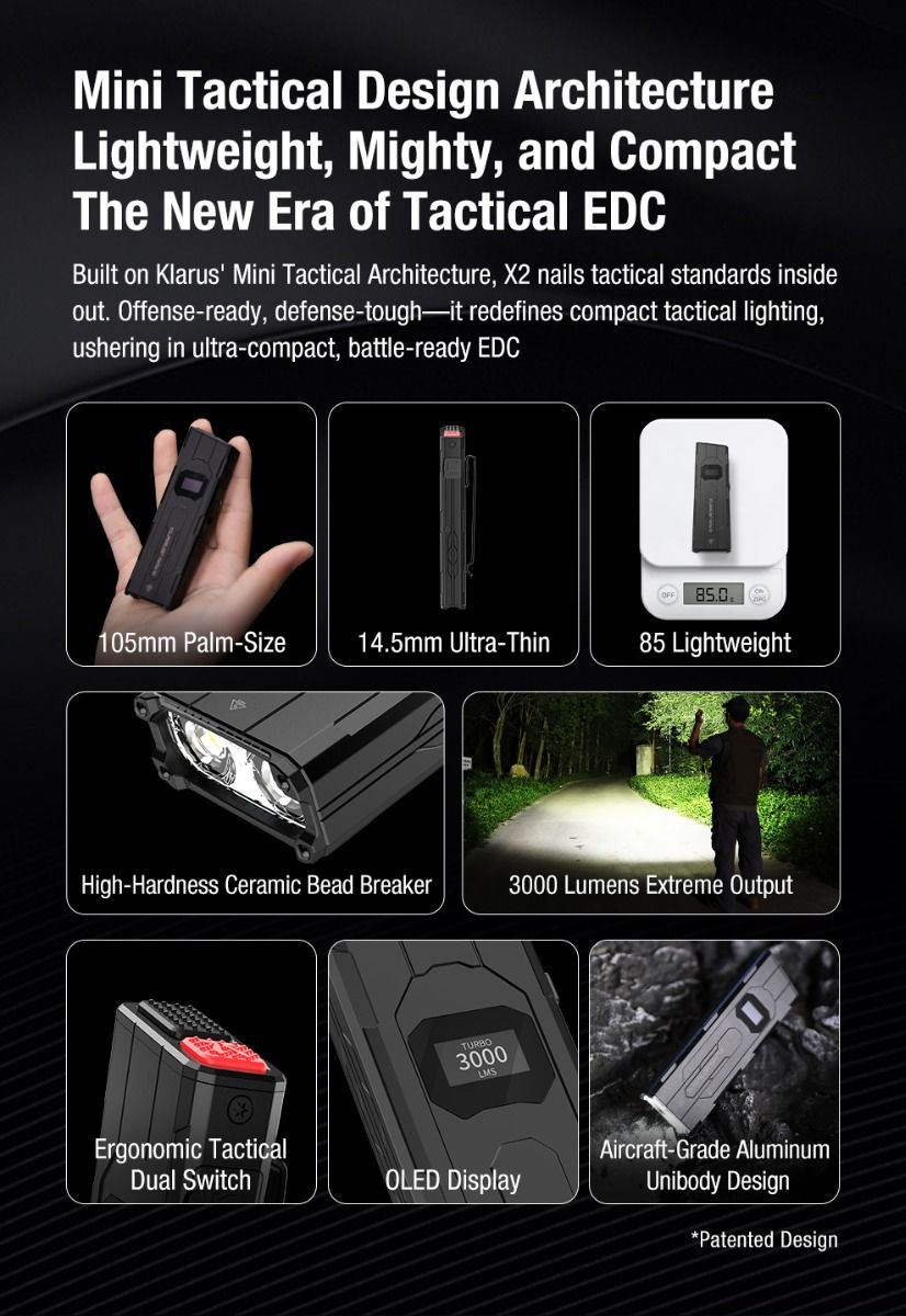 Klarus X2 Ultrdünne taktische Taschenlampe EDC, USB-C wiederaufladbar, 3000 Lumen, kompakte, kraftvolle Lampe