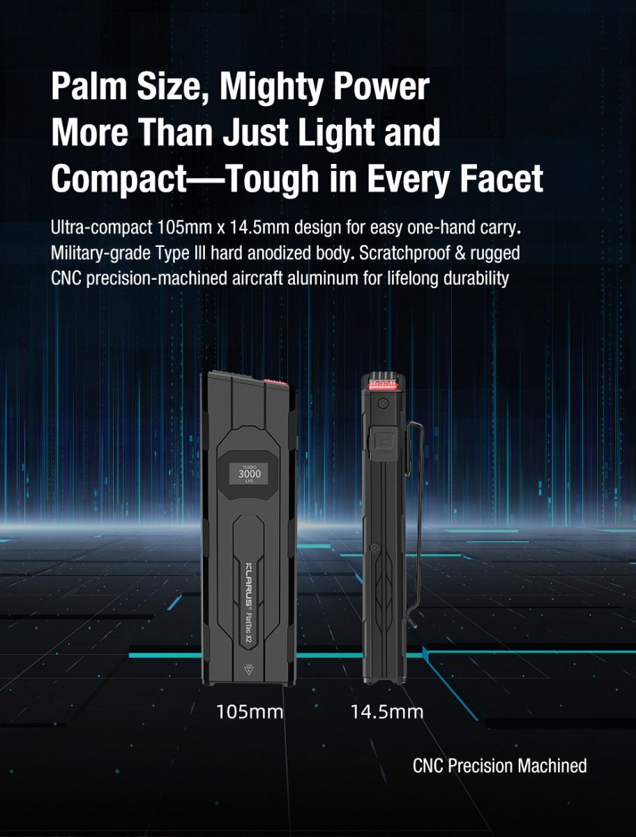 Klarus X2 Ultrdünne taktische Taschenlampe EDC, USB-C wiederaufladbar, 3000 Lumen, kompakte, kraftvolle Lampe