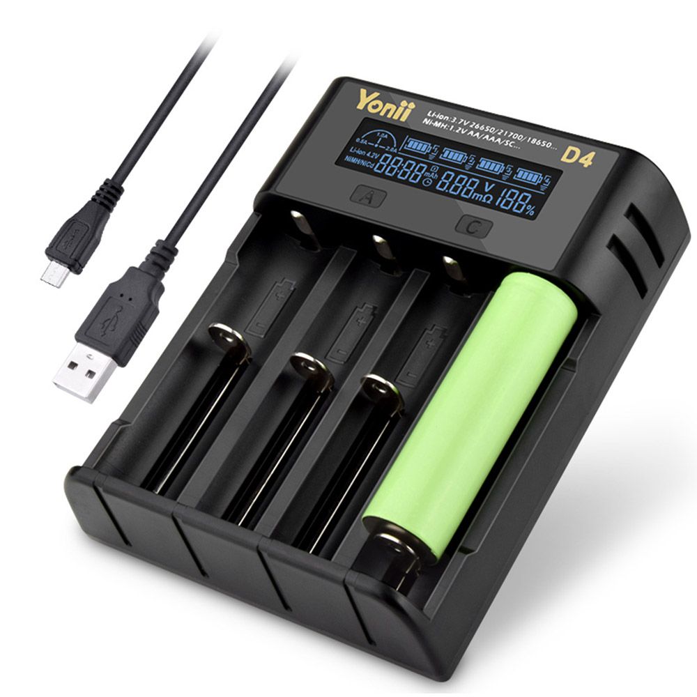 YONII D4 LCD 4-Slot-18650-Batterieladegerät für 18650 21700 26650 Lithium AA AAA Ni-MH-Akkus