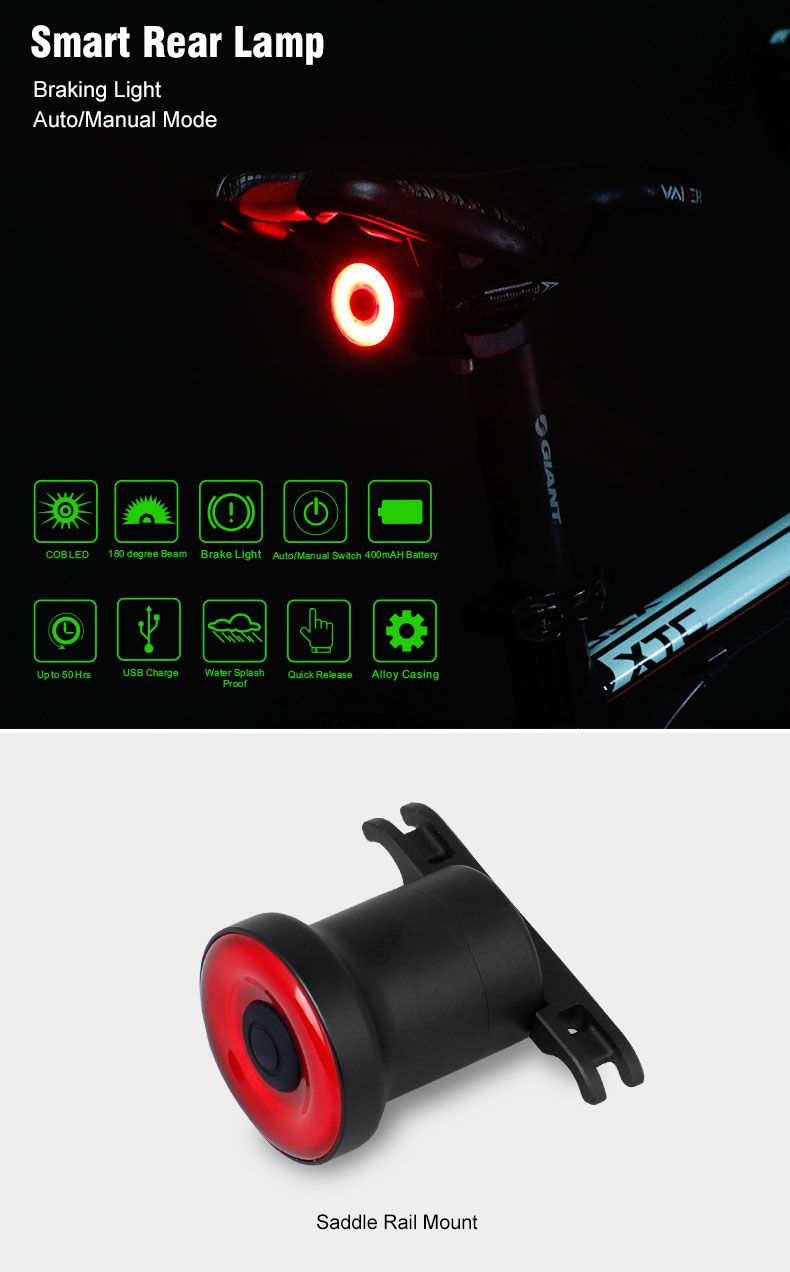 Xlite100 Intelligentes Fahrrad-Rücklicht, USB-wiederaufladbar, Rücklicht für Radfahren, Sichtbarkeit, superhelle COB-LED