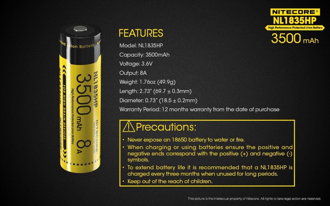 Nitecore NL1835HP 3500mAh wiederaufladbarer 18650 Hochleistungsakku für Taschenlampen und technische Geräte