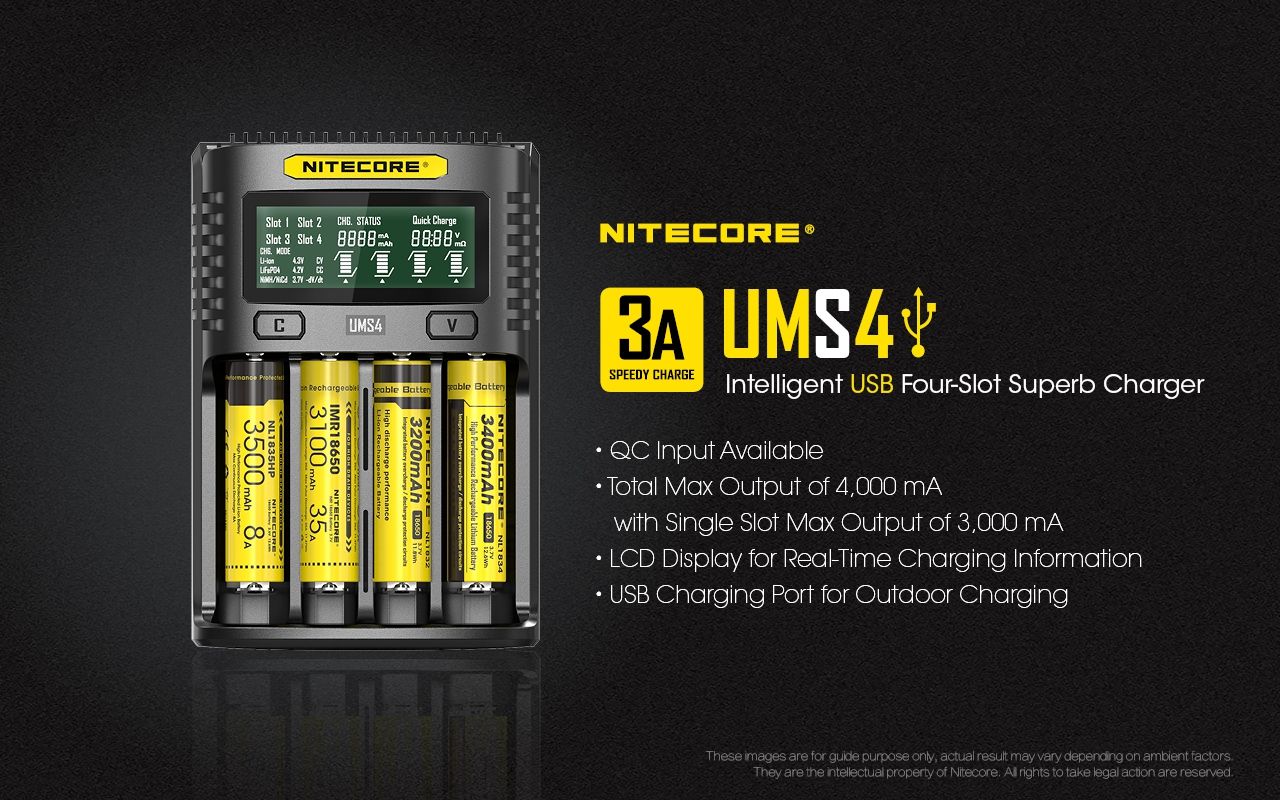 Nitecore UMS4 Intelligentes USB-Vierfach-Schnellladegerät mit USB-C für 18650 21700 26650 Smart Charging