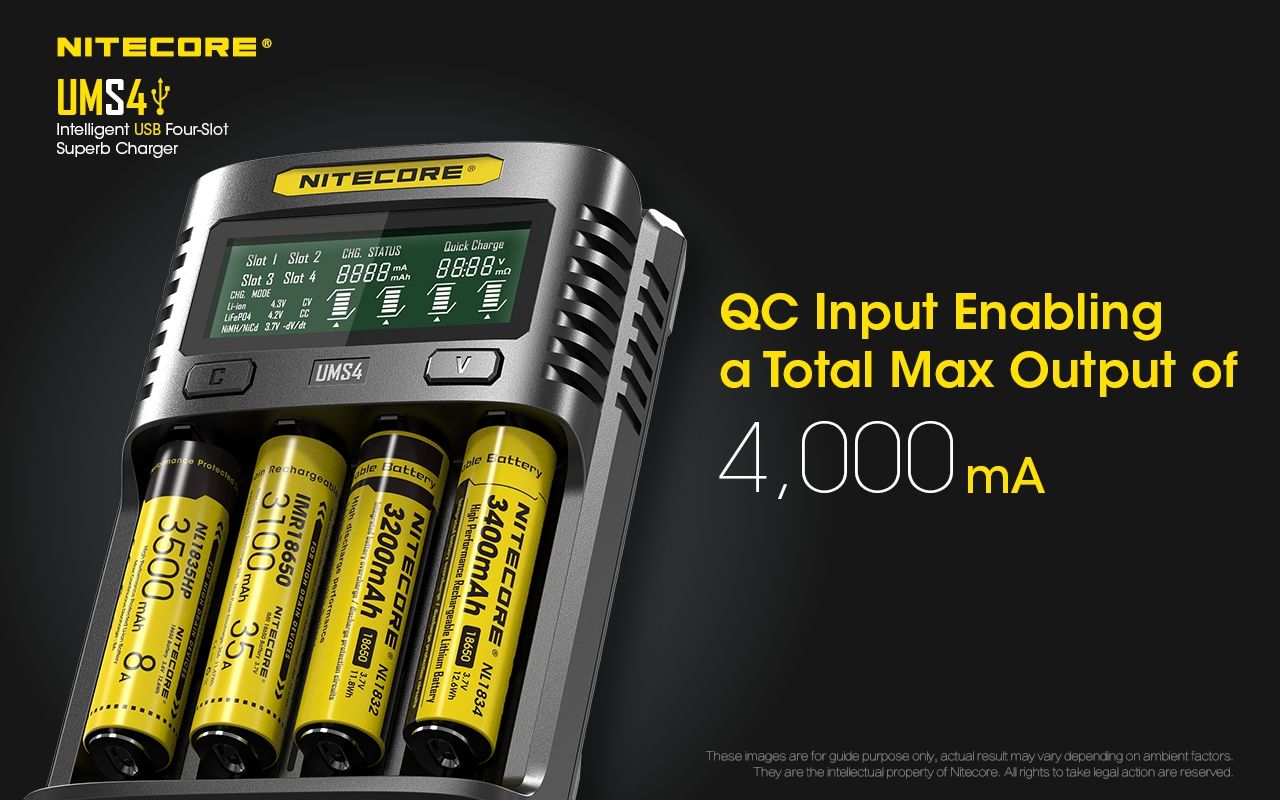 Nitecore UMS4 Intelligentes USB-Vierfach-Schnellladegerät mit USB-C für 18650 21700 26650 Smart Charging
