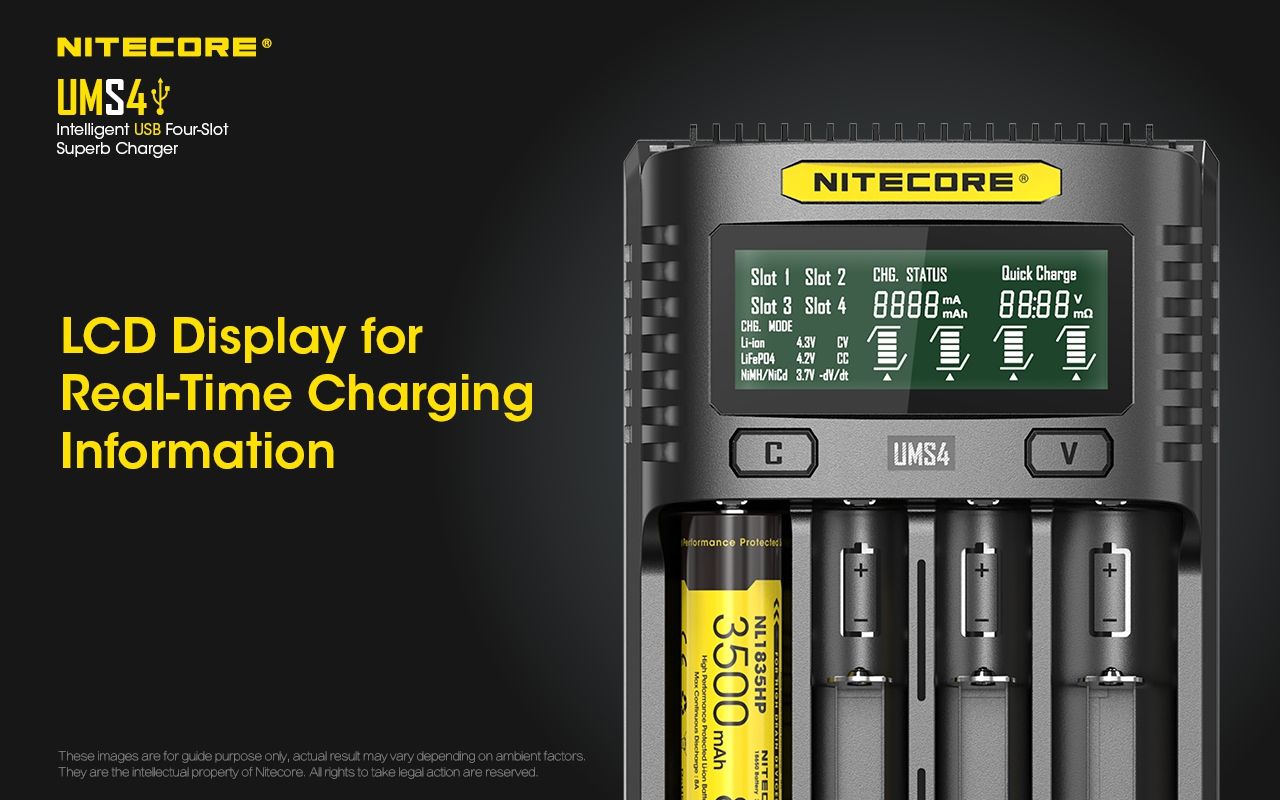 Nitecore UMS4 Intelligentes USB-Vierfach-Schnellladegerät mit USB-C für 18650 21700 26650 Smart Charging