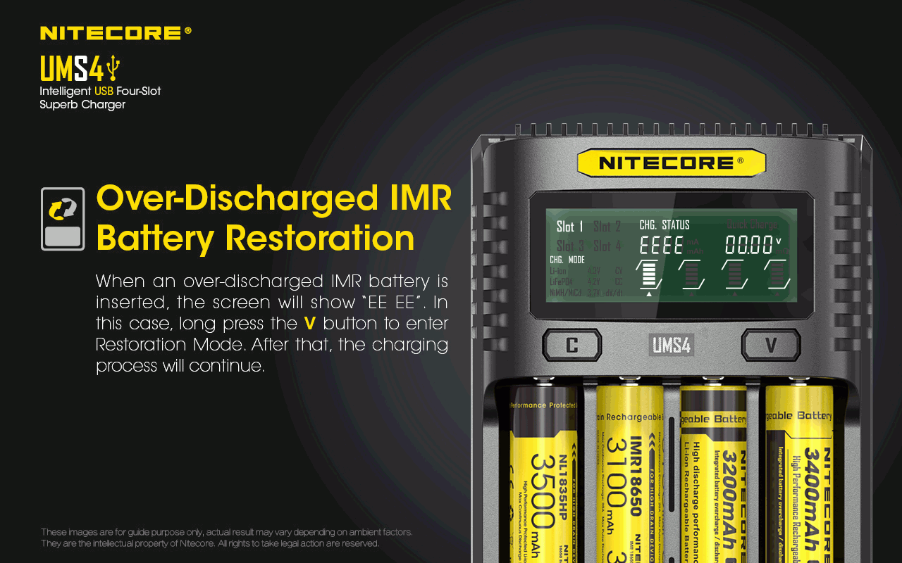Nitecore UMS4 Intelligentes USB-Vierfach-Schnellladegerät mit USB-C für 18650 21700 26650 Smart Charging