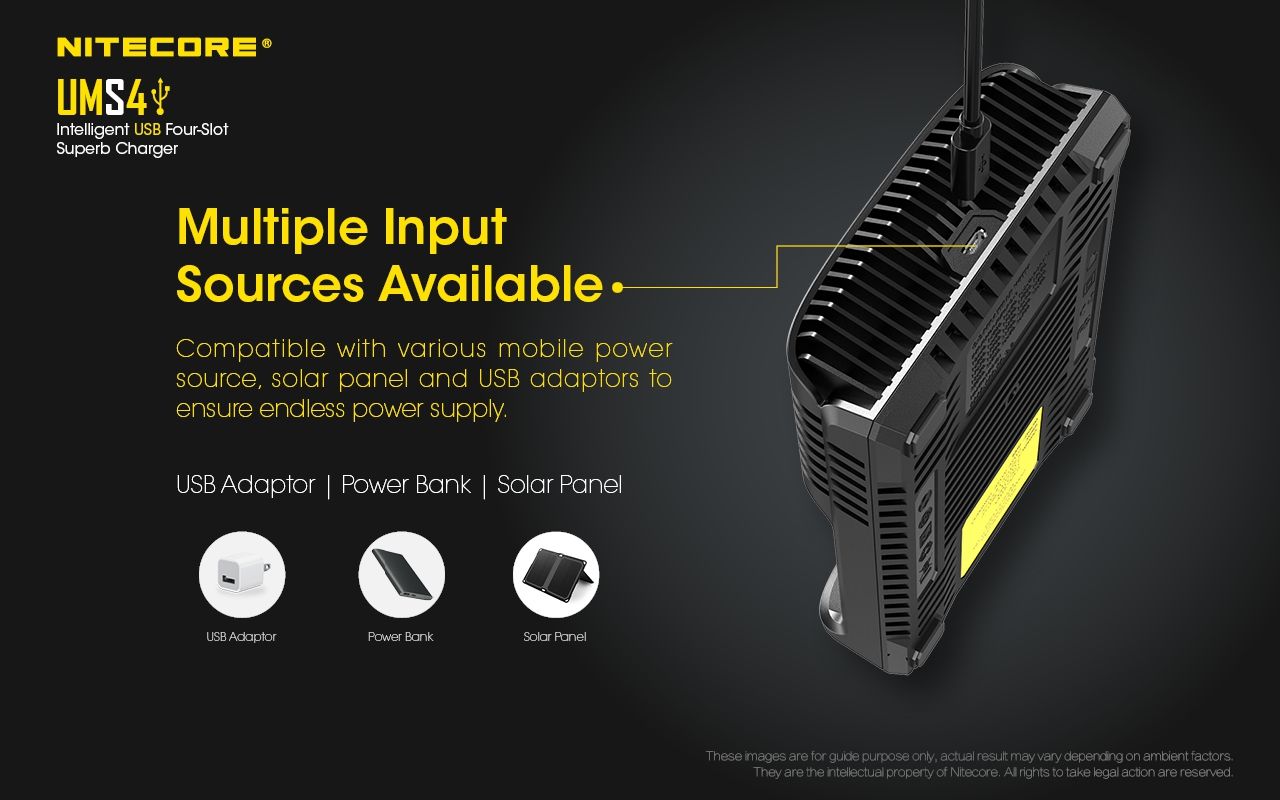 Nitecore UMS4 Intelligentes USB-Vierfach-Schnellladegerät mit USB-C für 18650 21700 26650 Smart Charging