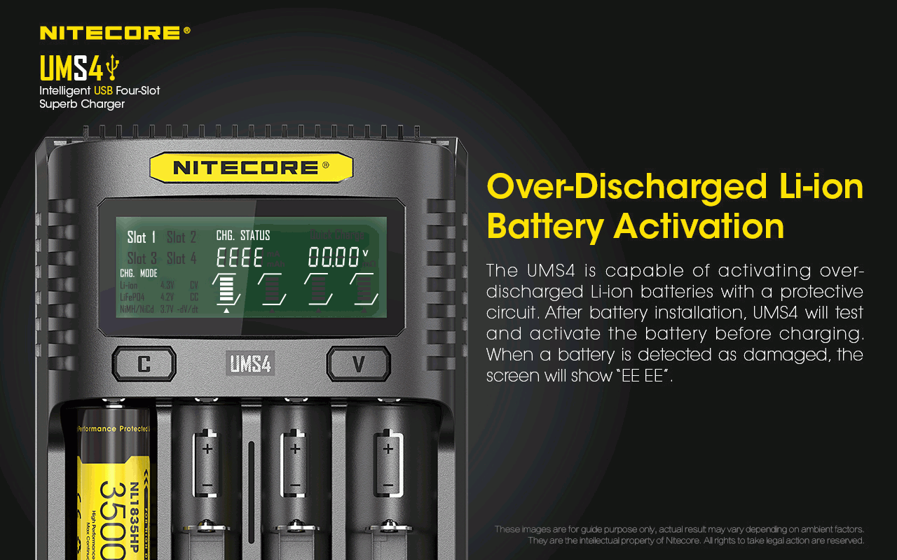 Nitecore UMS4 Intelligentes USB-Vierfach-Schnellladegerät mit USB-C für 18650 21700 26650 Smart Charging