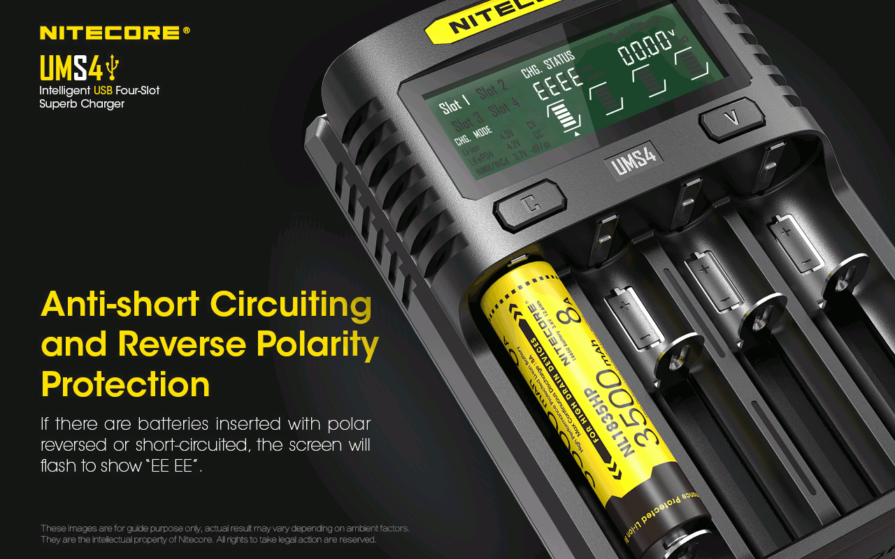 Nitecore UMS4 Intelligentes USB-Vierfach-Schnellladegerät mit USB-C für 18650 21700 26650 Smart Charging