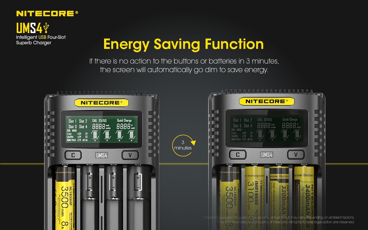 Nitecore UMS4 Intelligentes USB-Vierfach-Schnellladegerät mit USB-C für 18650 21700 26650 Smart Charging