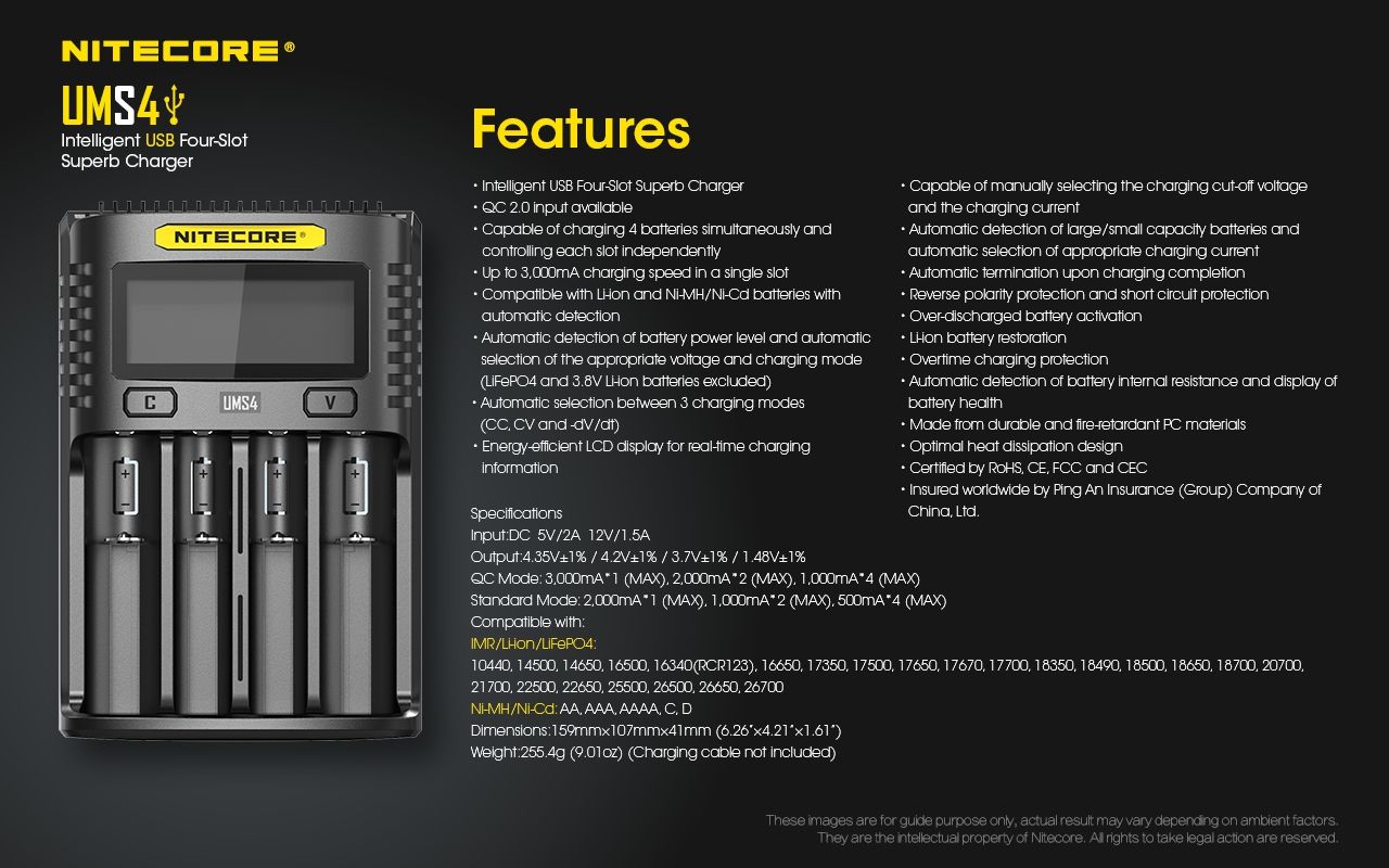 Nitecore UMS4 Intelligentes USB-Vierfach-Schnellladegerät mit USB-C für 18650 21700 26650 Smart Charging