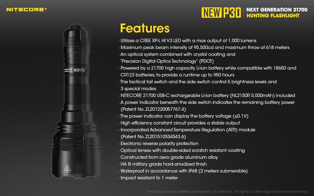 Nitecore P30 XP-L HI V3 LED-Taschenlampe 1000 Lumen 618 Meter Reichweite robuste Outdoor-Taschenlampe