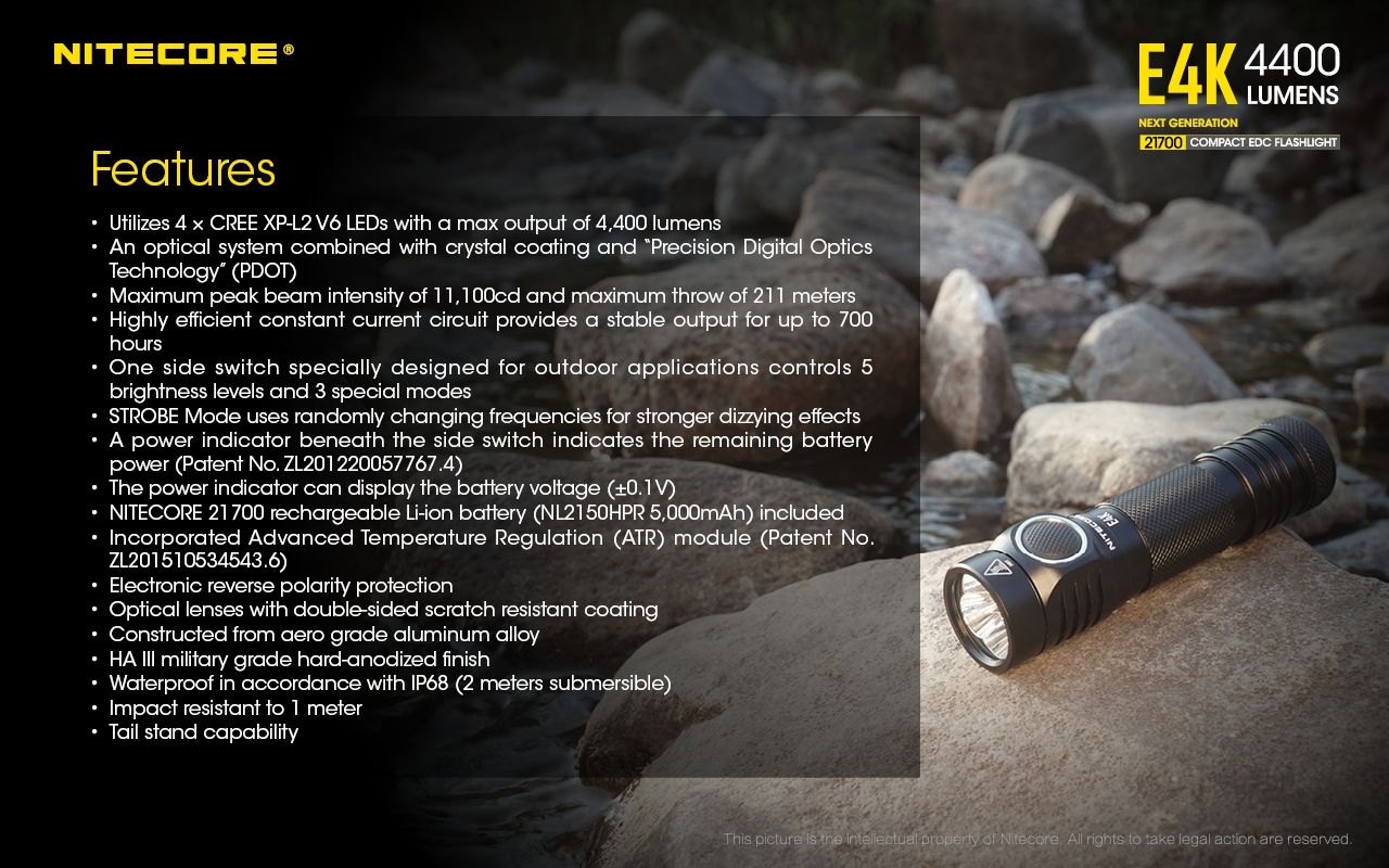 Nitecore E4K 4400 Lumen Kompakte EDC Taschenlampe tragbar und langlebig mit fortschrittlichem optischen System