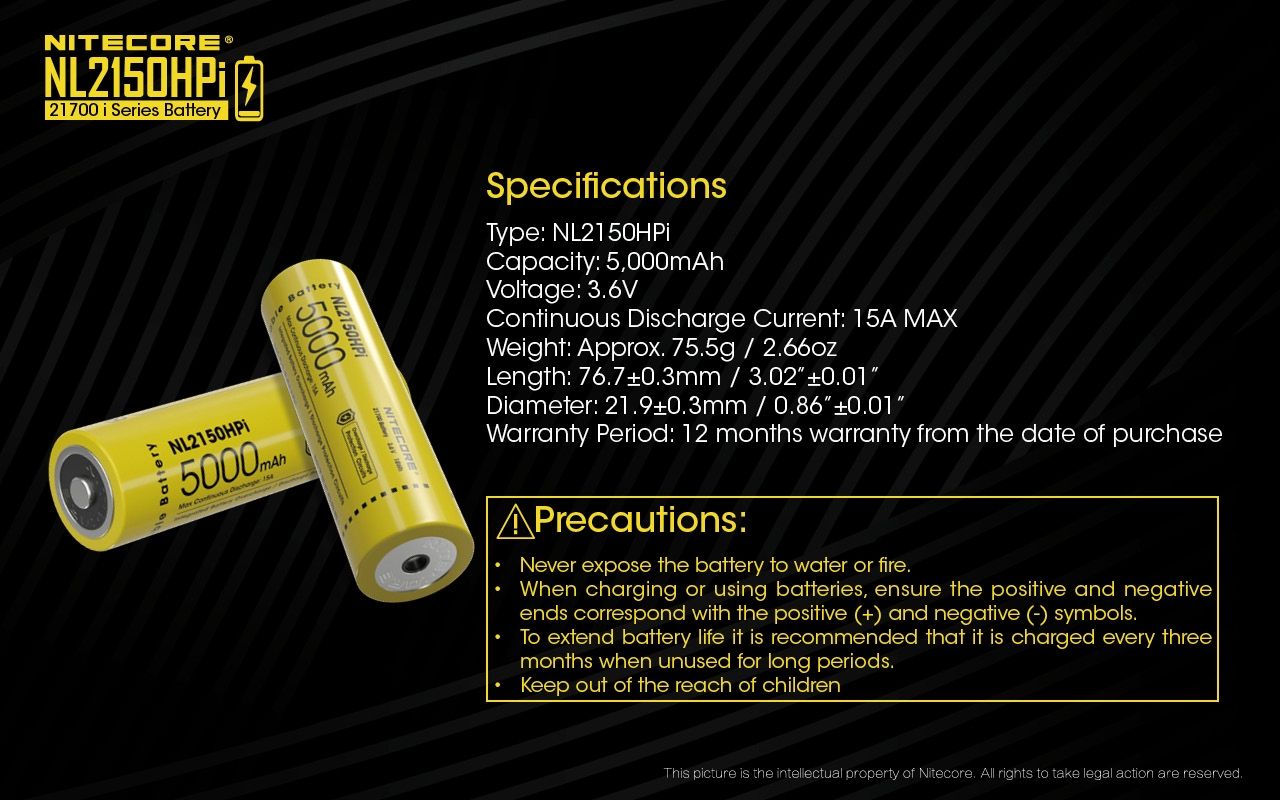 NITECORE NL2150HPi 5000mAh 3.6V Hochleistungsbatterie 21700 Li-Ion Akku für Elektronikgeräte und Taschenlampen