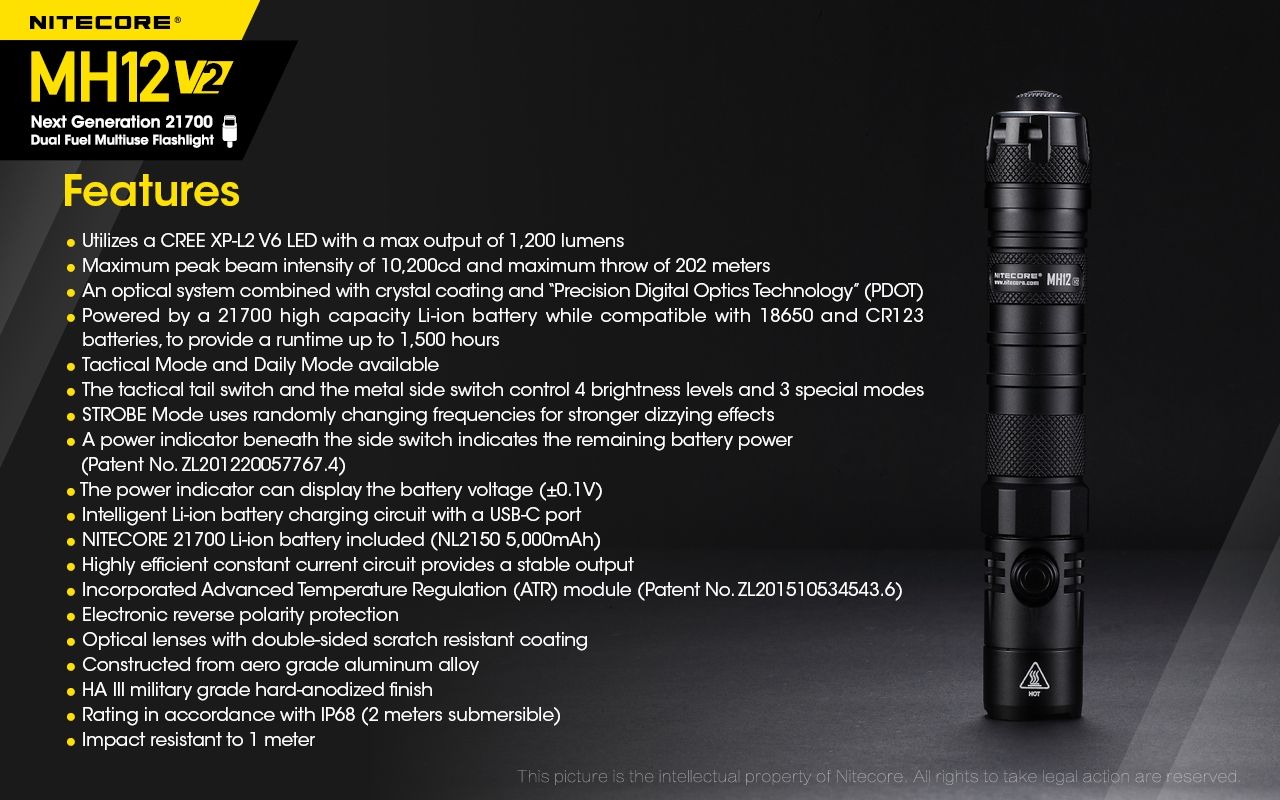 Nitecore MH12 V2 XP-L2 V6 LED-Taschenlampe 1200 Lumen tragbare helle Außenbeleuchtung zuverlässige Beleuchtung