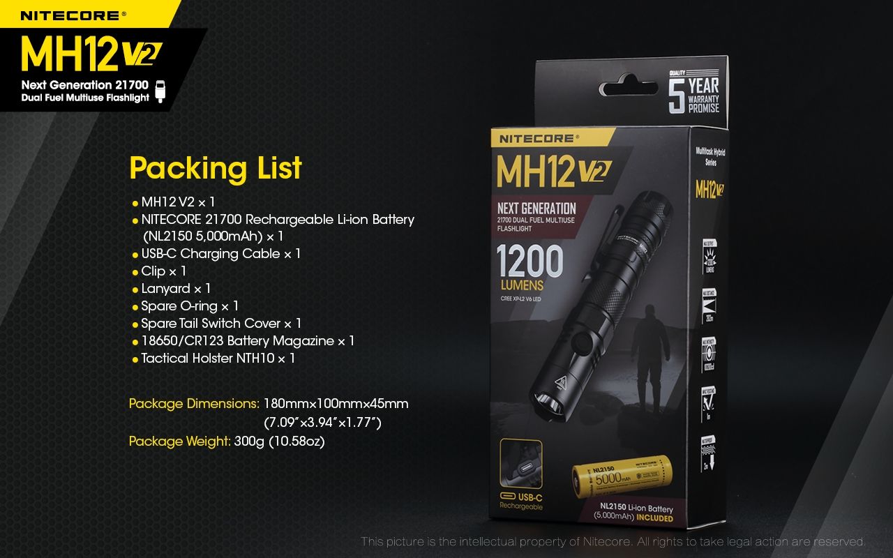 Nitecore MH12 V2 XP-L2 V6 LED-Taschenlampe 1200 Lumen tragbare helle Außenbeleuchtung zuverlässige Beleuchtung