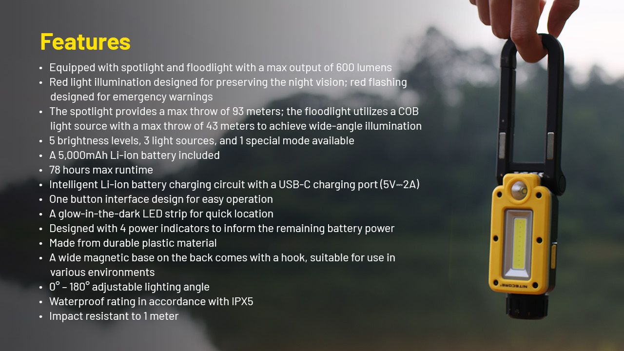 NITECORE NWL20 Tragbarer Flutlicht-Strahler 600 Lumen, vielseitige Beleuchtung mit dreifachem Ausgang für den Außen- und Notfalleinsatz